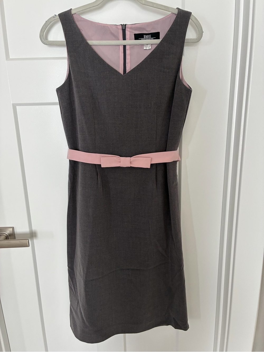 NWT B Moss Gray Midi Sheath Dress with Pink Bow Belt